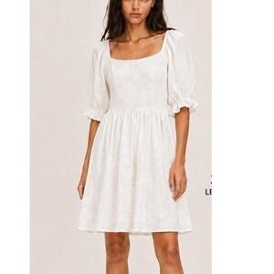 French Paris White Floral Jacquard Puff Sleeve Mini Dress Square Neck Small